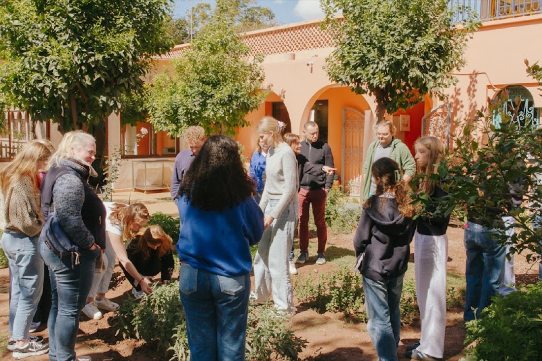 Guests gathered in Amal's sunny courtyard garden
