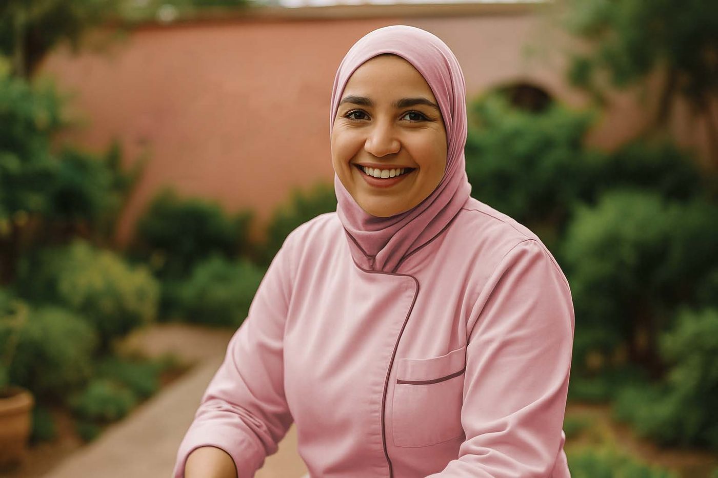 Amal trainee in a pink chef coat smiling in a riad garden